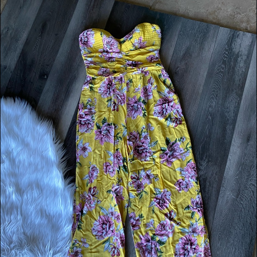 Spring yellow strapless long pant romper